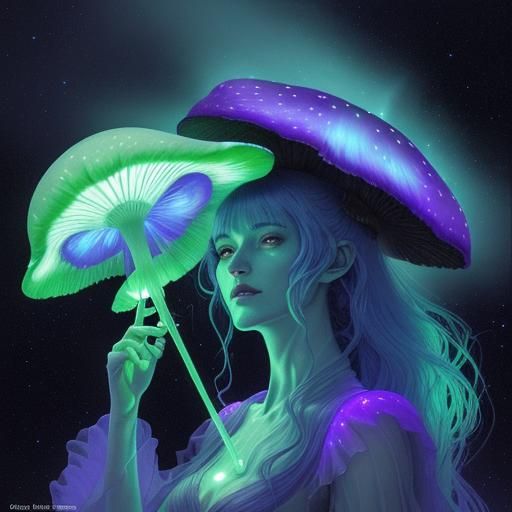 An otherworldly, alien mushroom called the Radiant Umbra Shroom with a translucent, bioluminescent cap glowing in shifti...