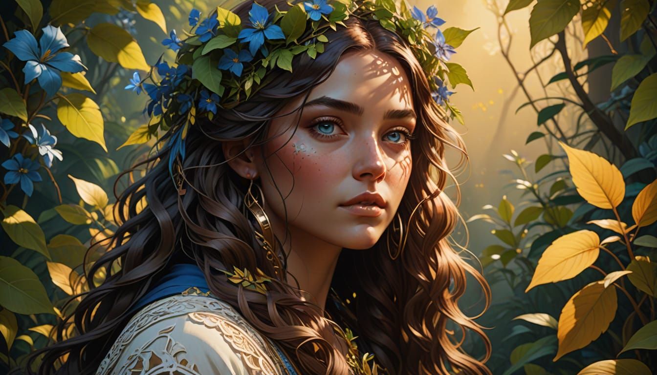 Bohemian Woman Portrait with Blue Eyes in Digital Painting