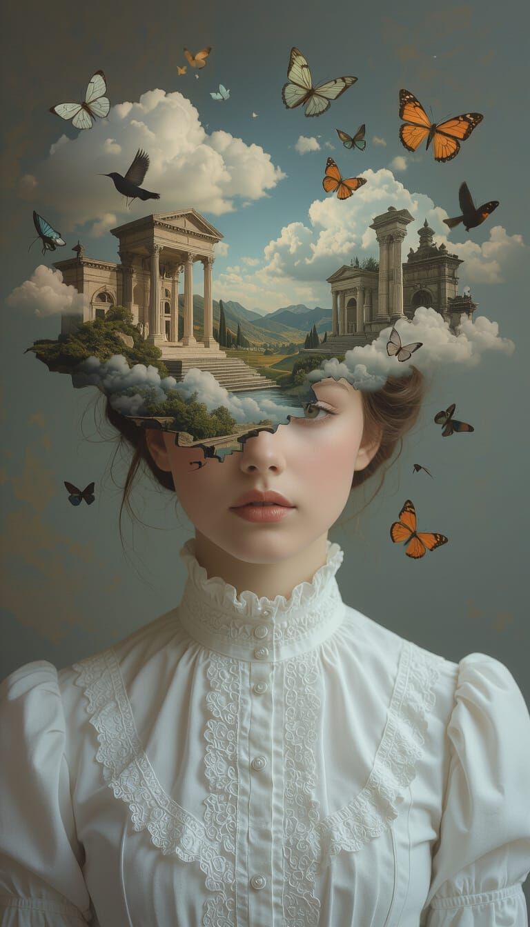 Surreal Profile Portrait of Woman Emerging into Dreamscape
