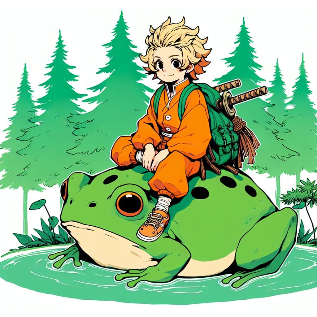 Blond Manga Character on Frog in Lush Jungle