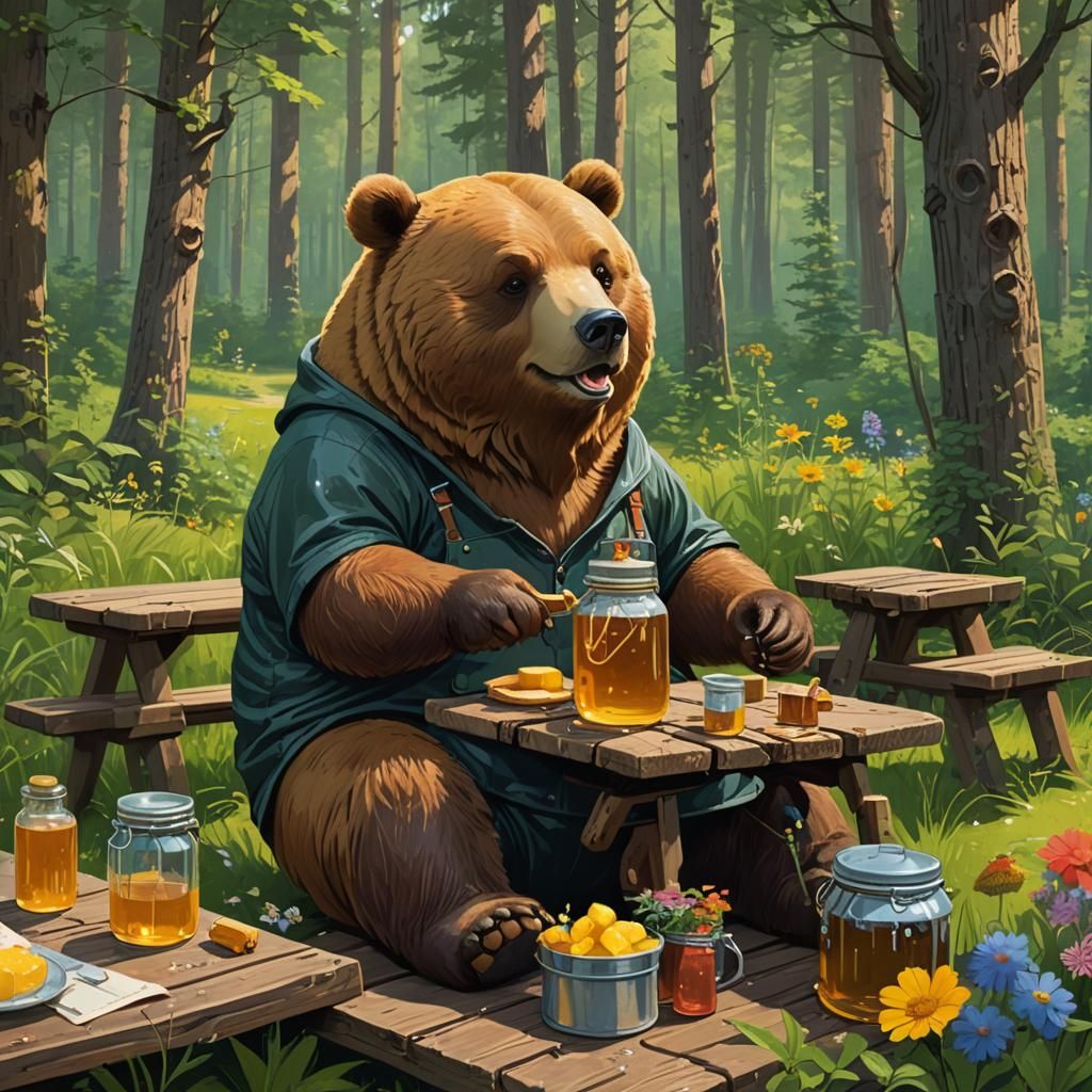 Whimsical Bear Enjoys Honey in Lush Forest
