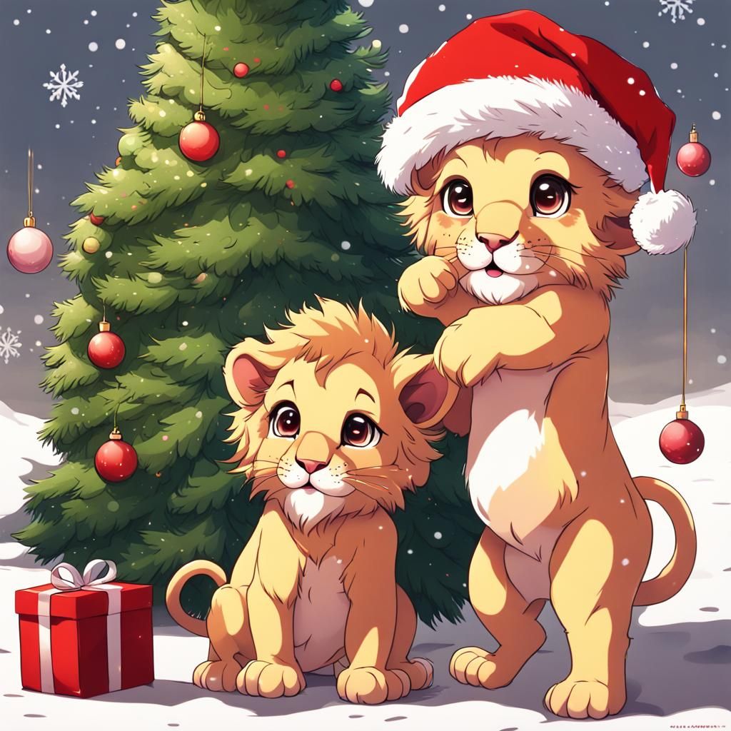 Cute Lion Cubs Celebrate Christmas: Anime Style