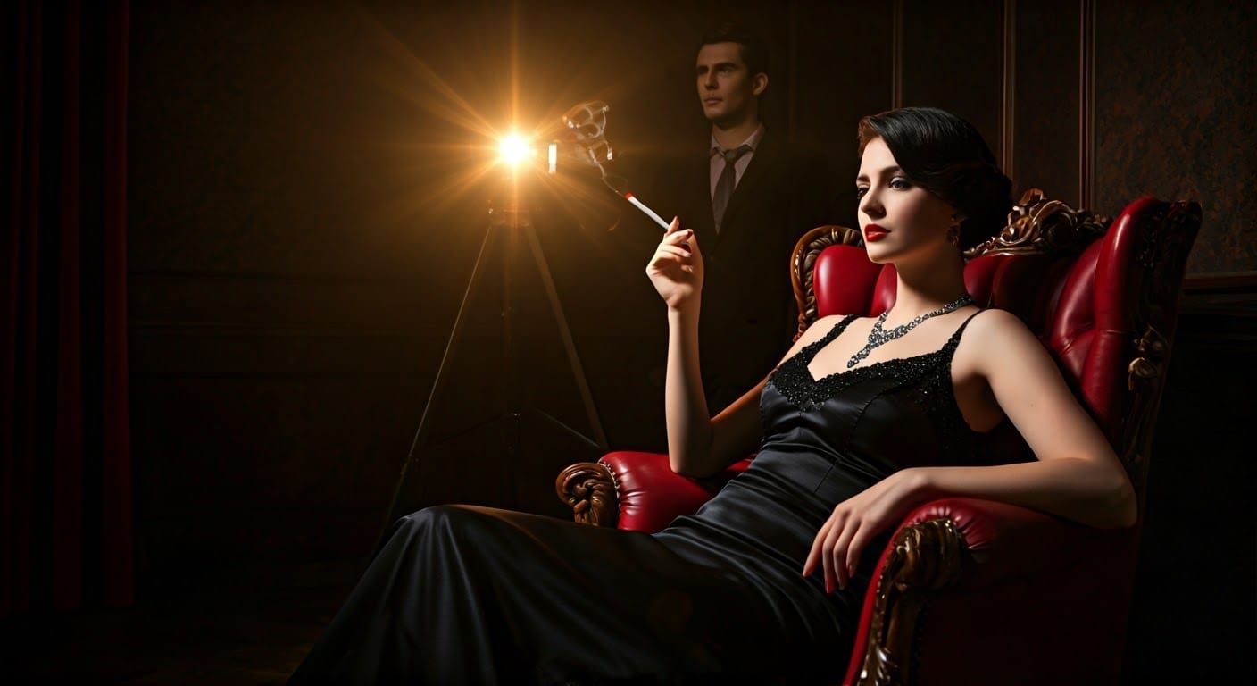 Elegant Woman in Film Noir Velvet Armchair