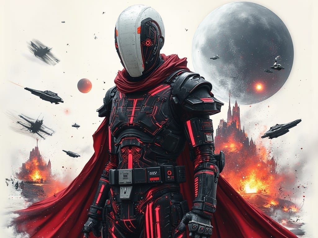 Dark Sith Lord in Crimson Armor, Set Against Glitched Star D...