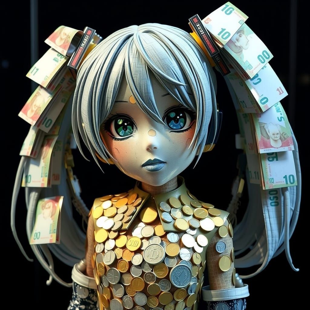 Hatsune Miku Sculpture of Coins and Banknotes in Museum