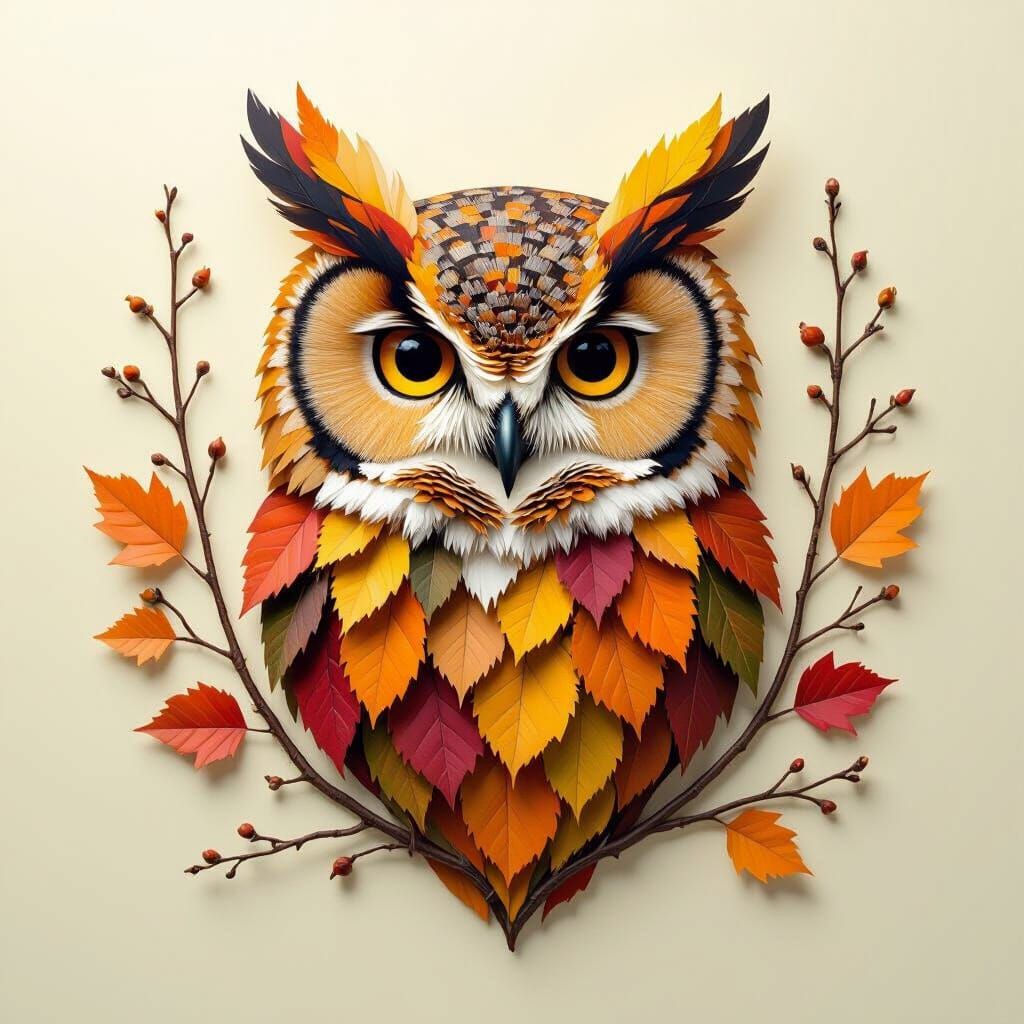 Autumn Leaf Owl Assemblage Portrait