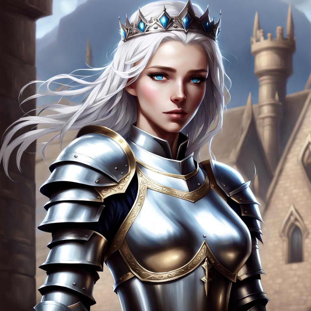 Beautiful Female Knight with Silver Armor and Crown