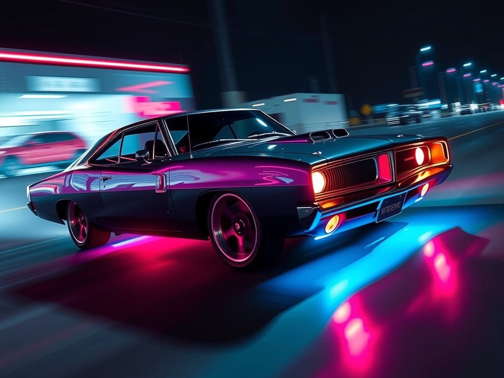 Neon Dodge Charger Speeds Through Night in Futuristic Style