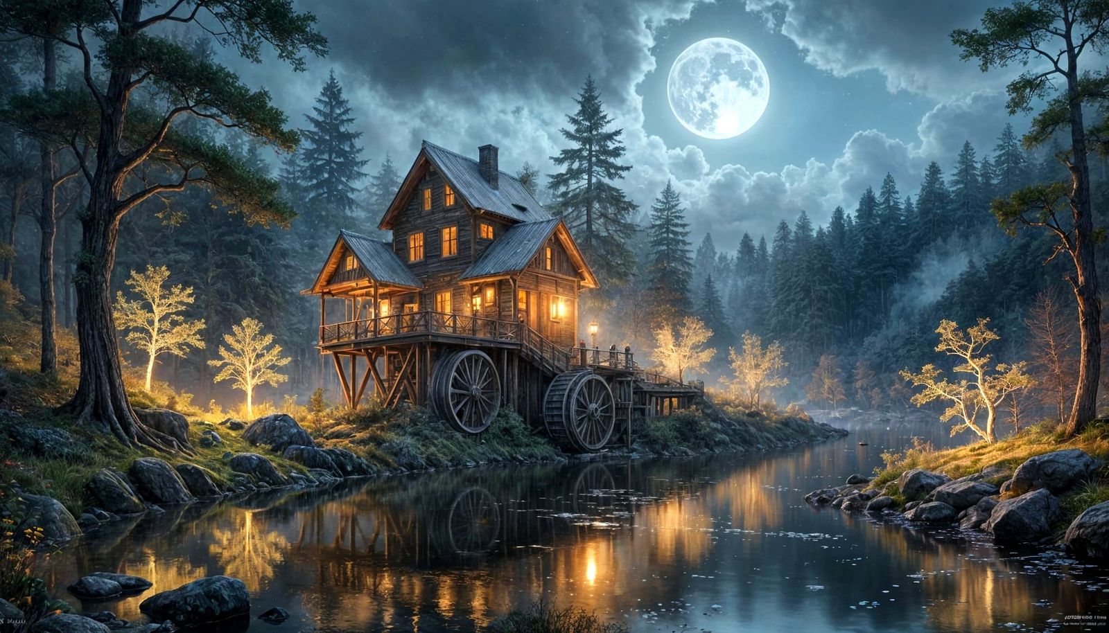 Ethereal Fantasy Mill in Grayscale Forest