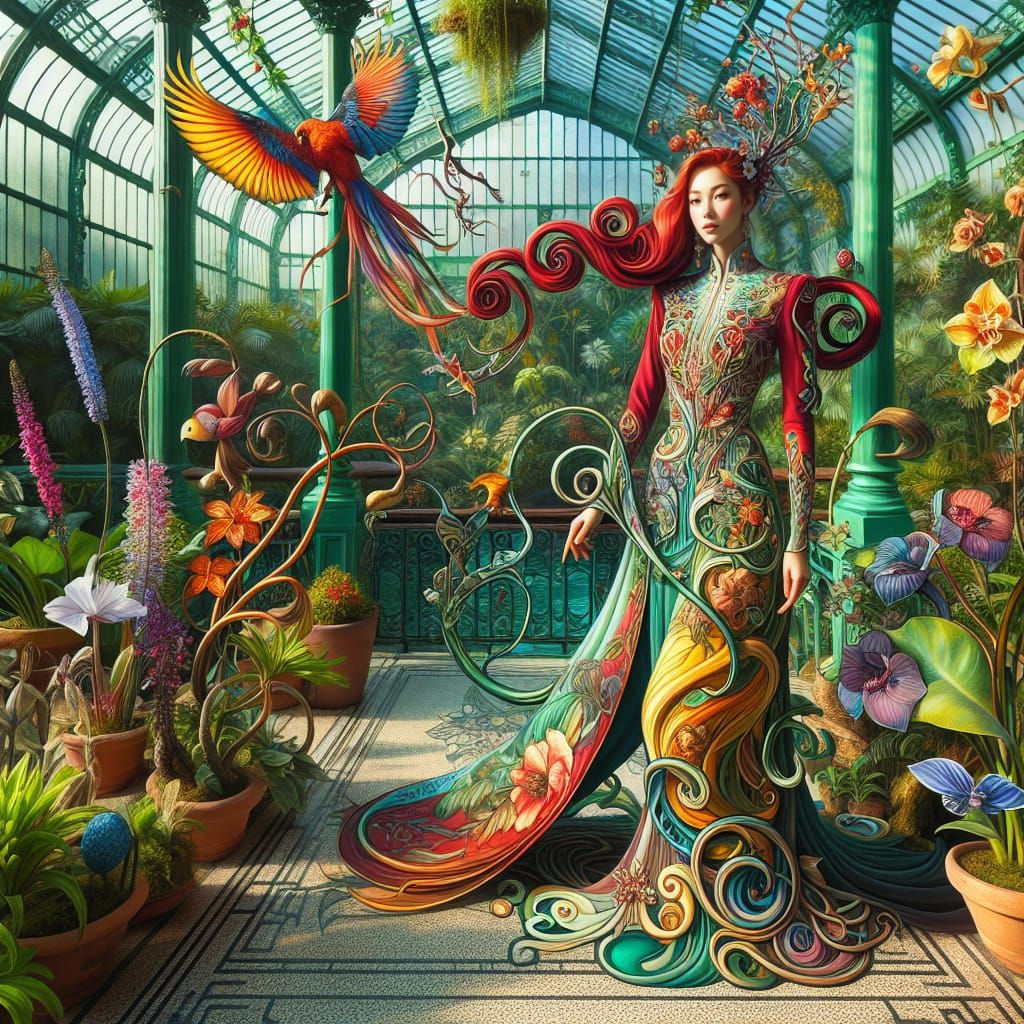 Art Nouveau Woman in Sunlit Greenhouse