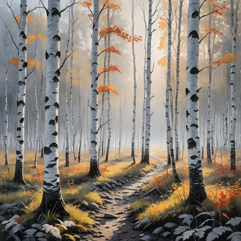 White Birch Forest Sunrise in Grayscale Gouache