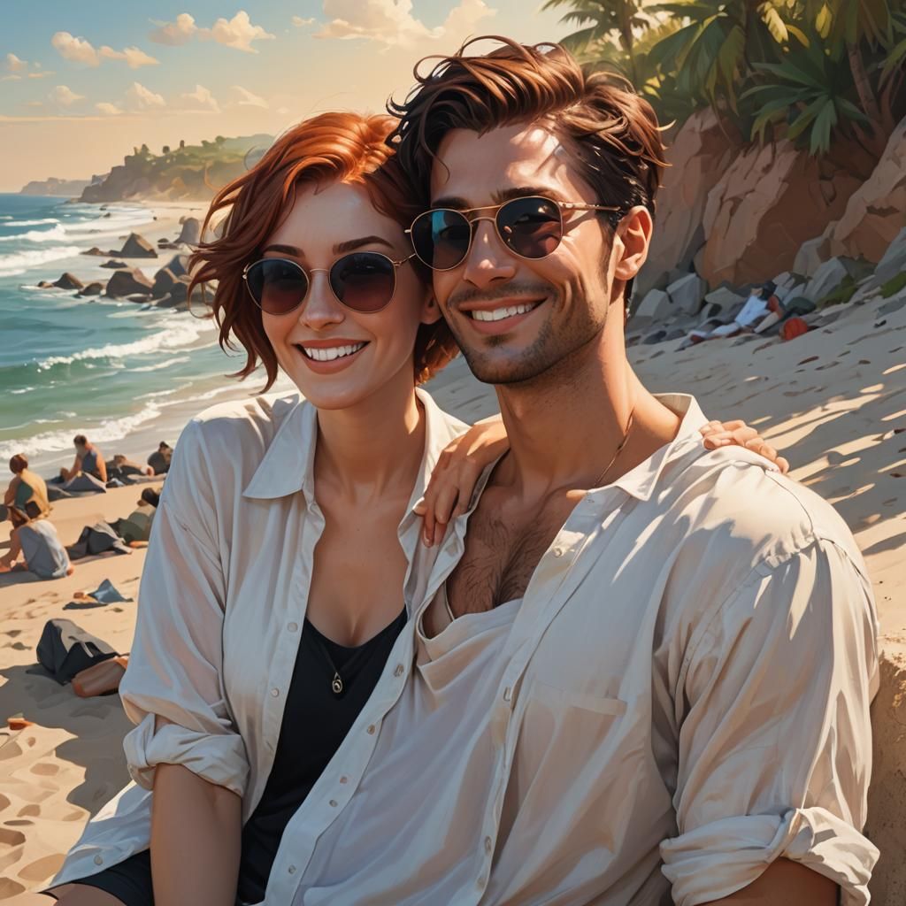 Smiling Couple Sunbathing on Beach, Hyperdetailed Portrait