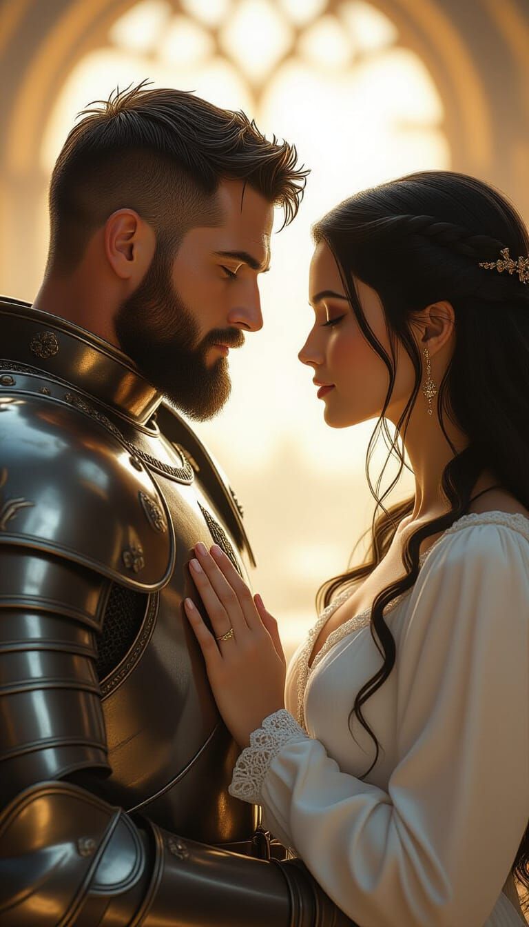 Knight and Woman Touch Hands in Golden Light