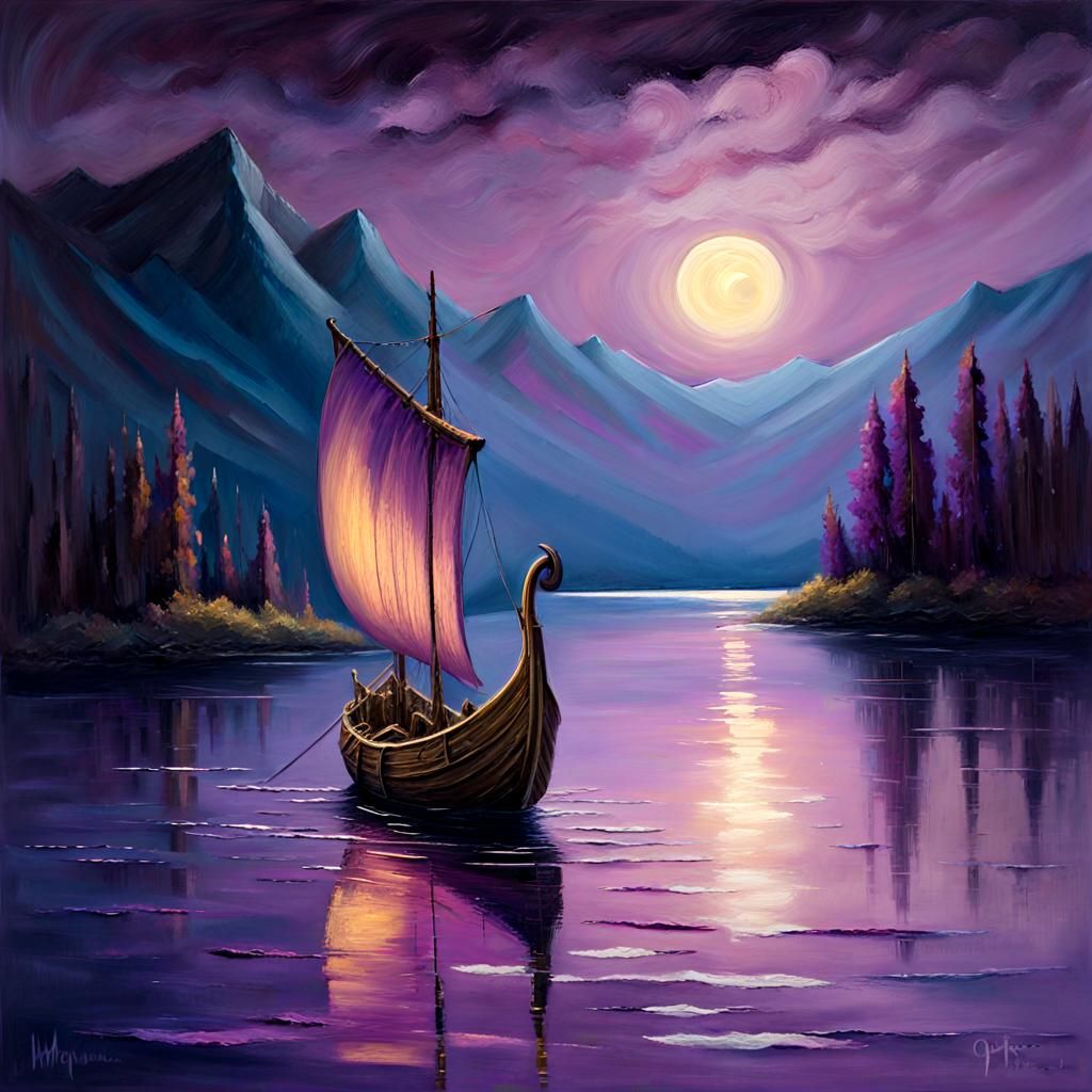 Viking Ship on Lake Under Purple Moon