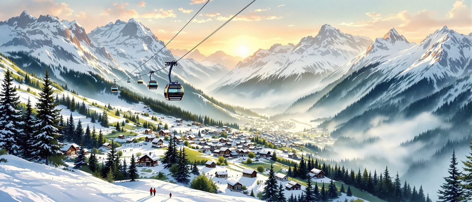 Swiss Alps Sunset with Gondola and Skiers, Watercolor Style