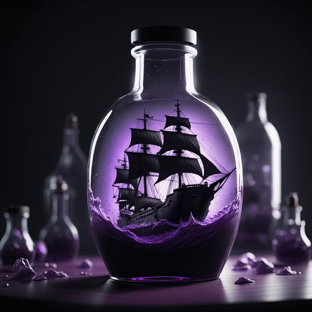 Black Sails Ship in a Bottle: Hyperrealistic 3D Art