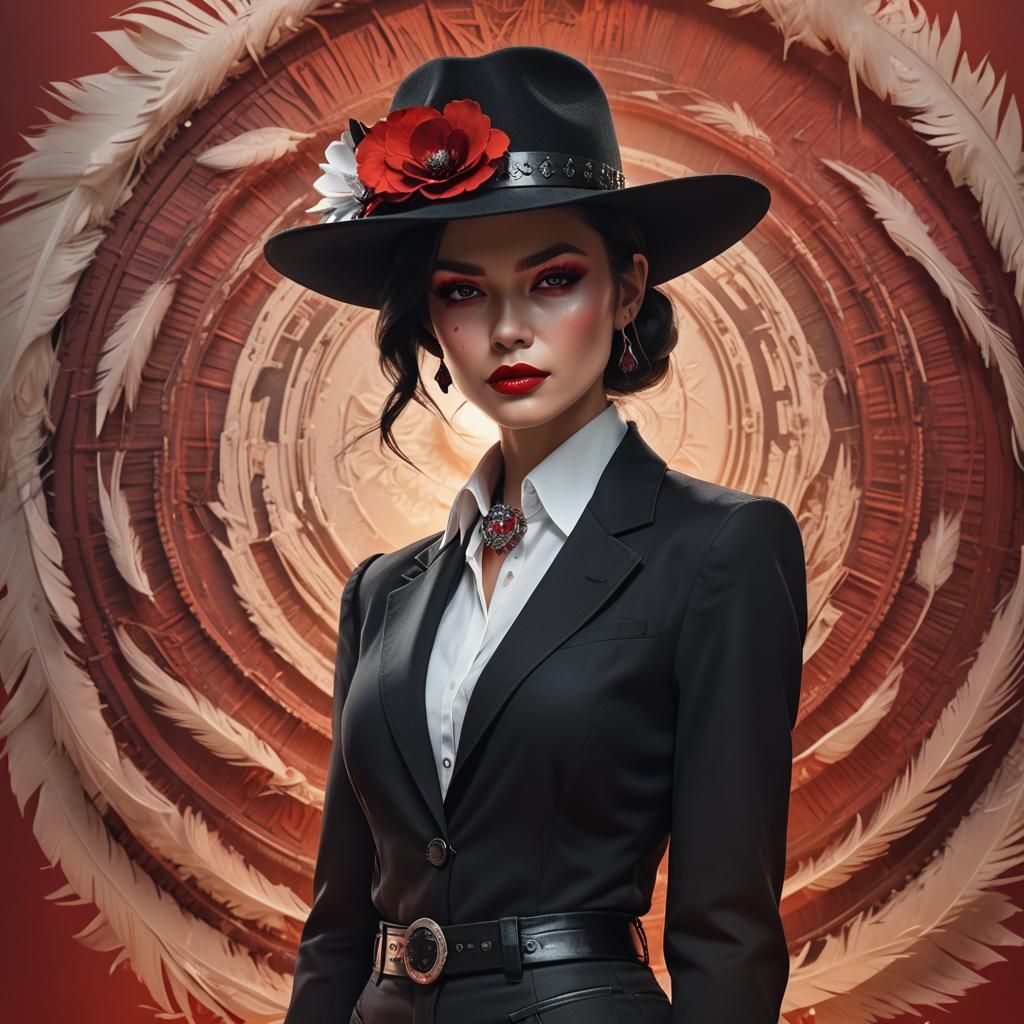 Woman in Black Suit with Red Eyes: 3D Digital Art