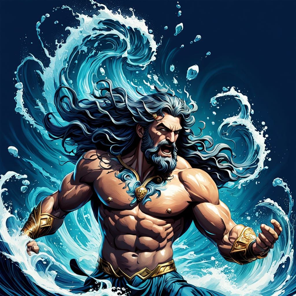 Poseidon in Blue, Hyperrealistic Comic Book Art