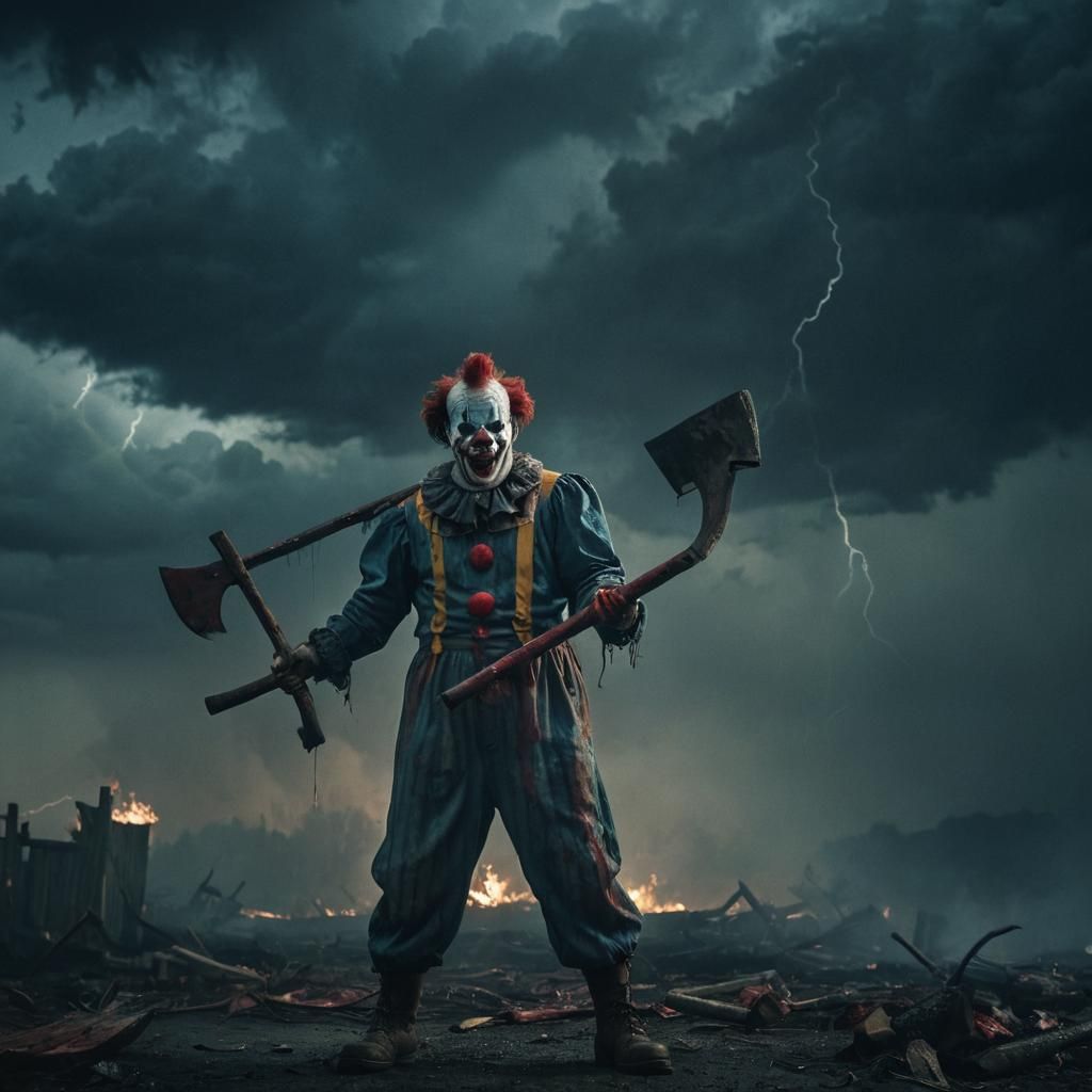 Menacing Clown with Axe in a Dark Storm