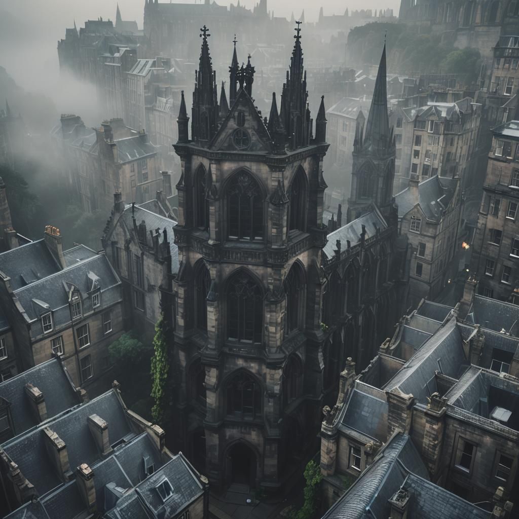 Misty Edinburgh Gothic Cityscape at Dawn