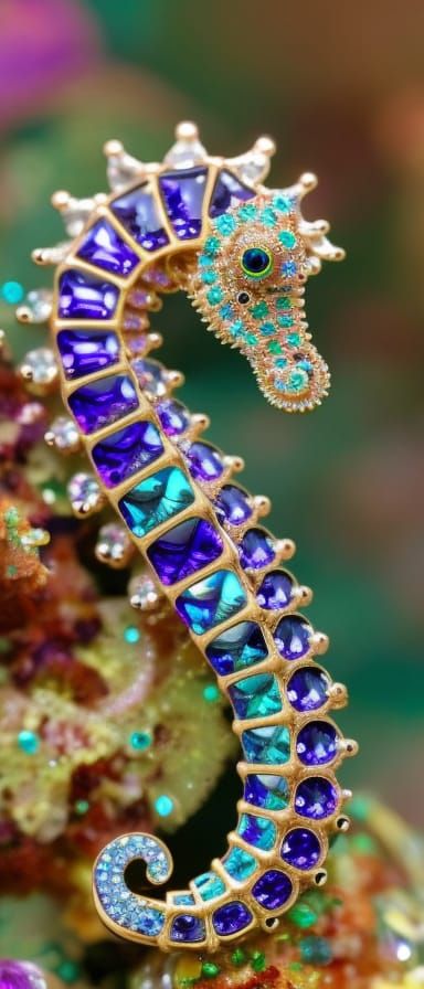 Fractal Seahorse Broach with Gemstones in Hyperrealism