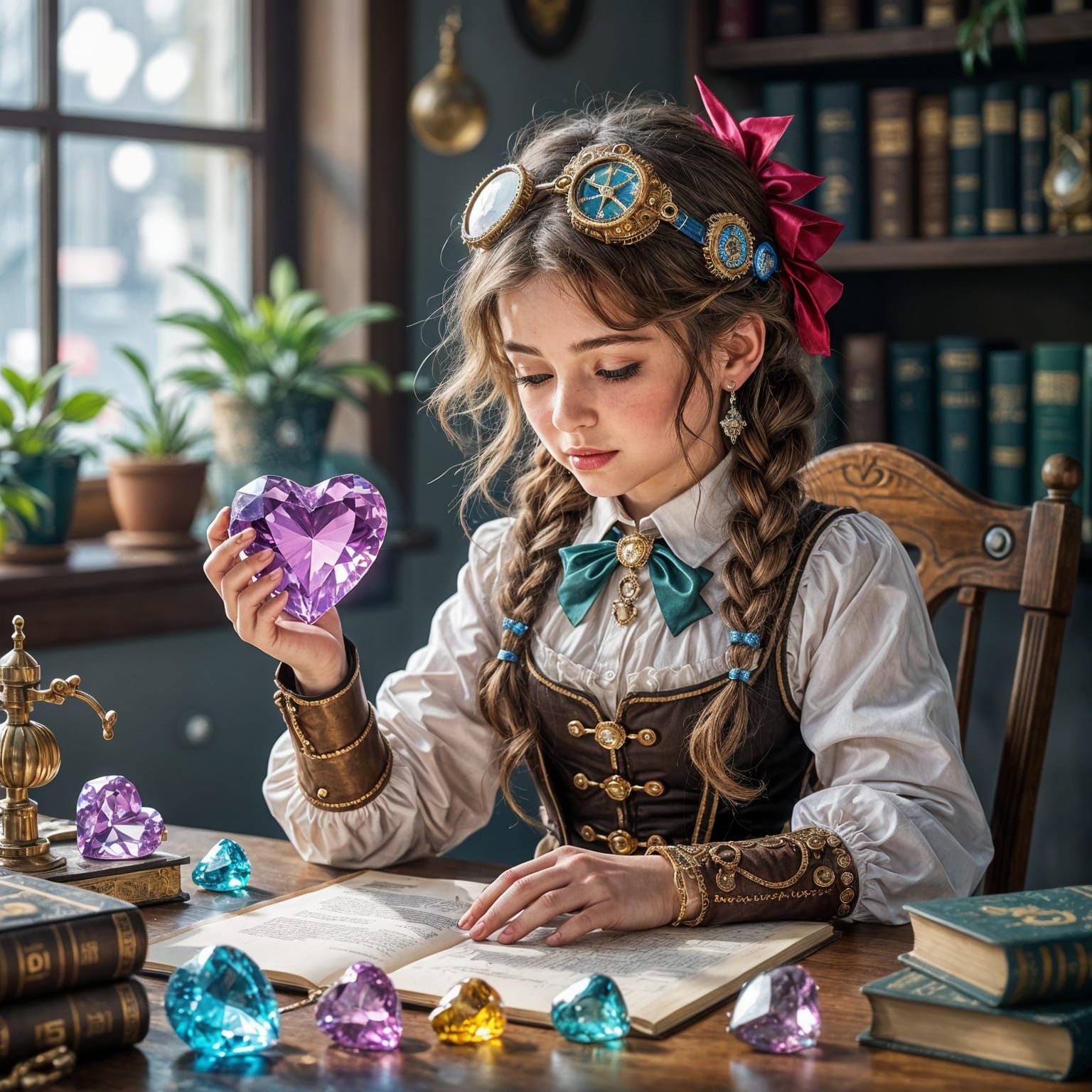 Steampunk Girl and Colorful Heart Crystals