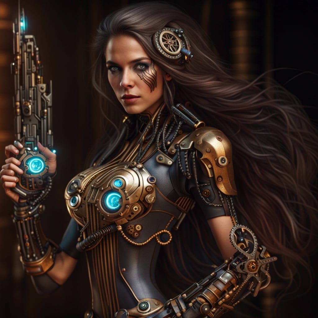 Steampunk Cyborg with Futuristic Weapon in Hyperrealism
