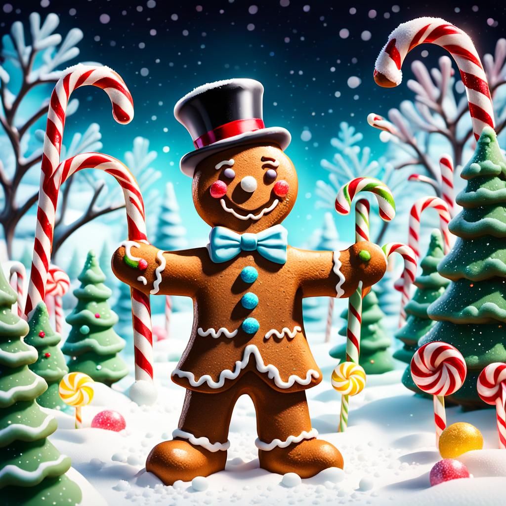 Whimsical Gingerbread Man in a Surreal Snowy Christmas Scene