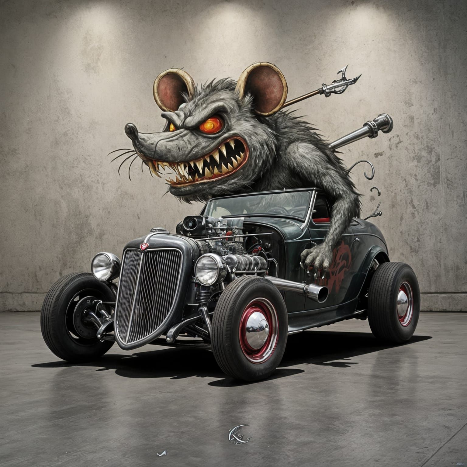 Rat Fink Monster in a 1930s Hotrod Art