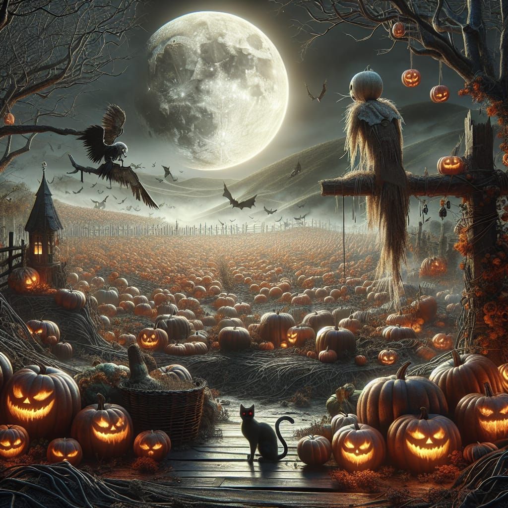 Spooky Halloween Pumpkin Patch with Black Cat