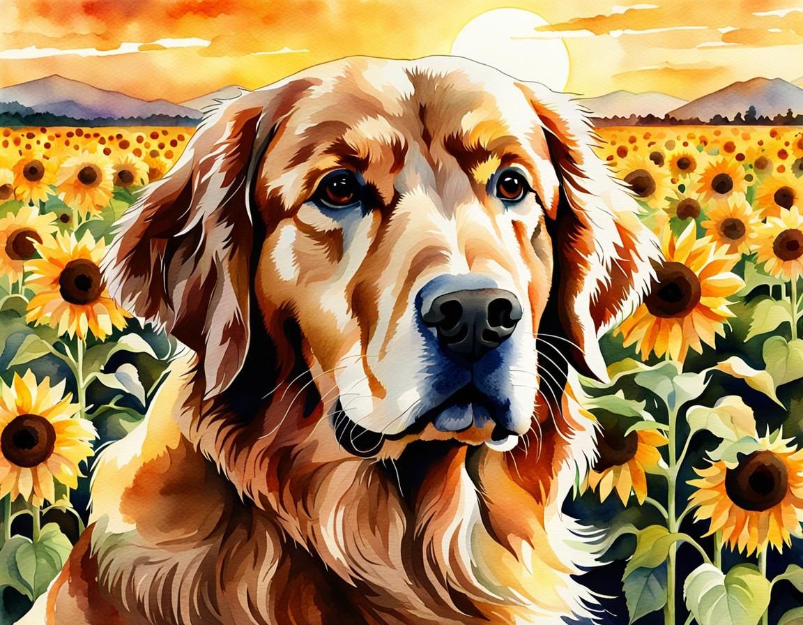 Golden Retriever Portrait in Sunflower Field Watercolor