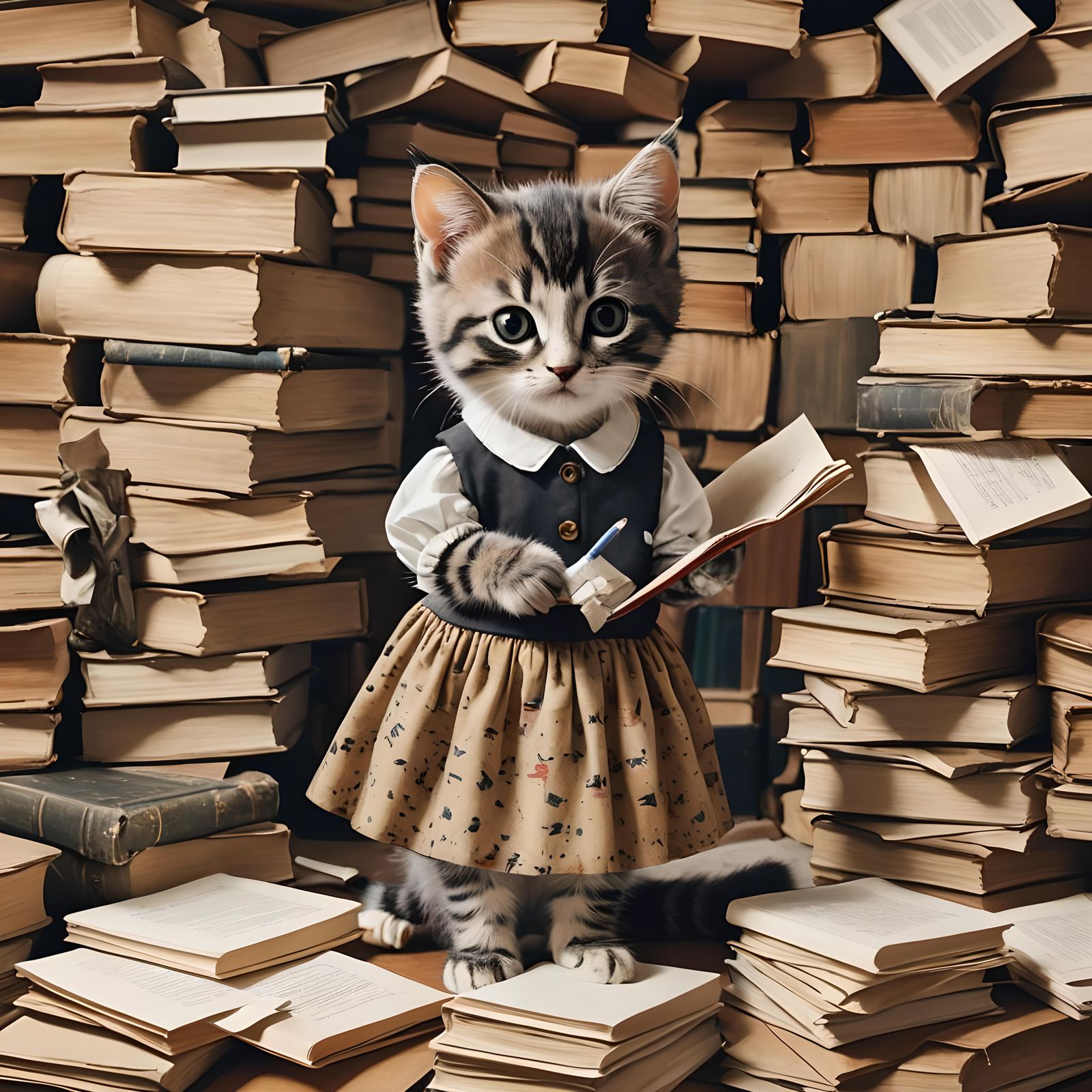Calico Kitten Studying with Pencil and Books