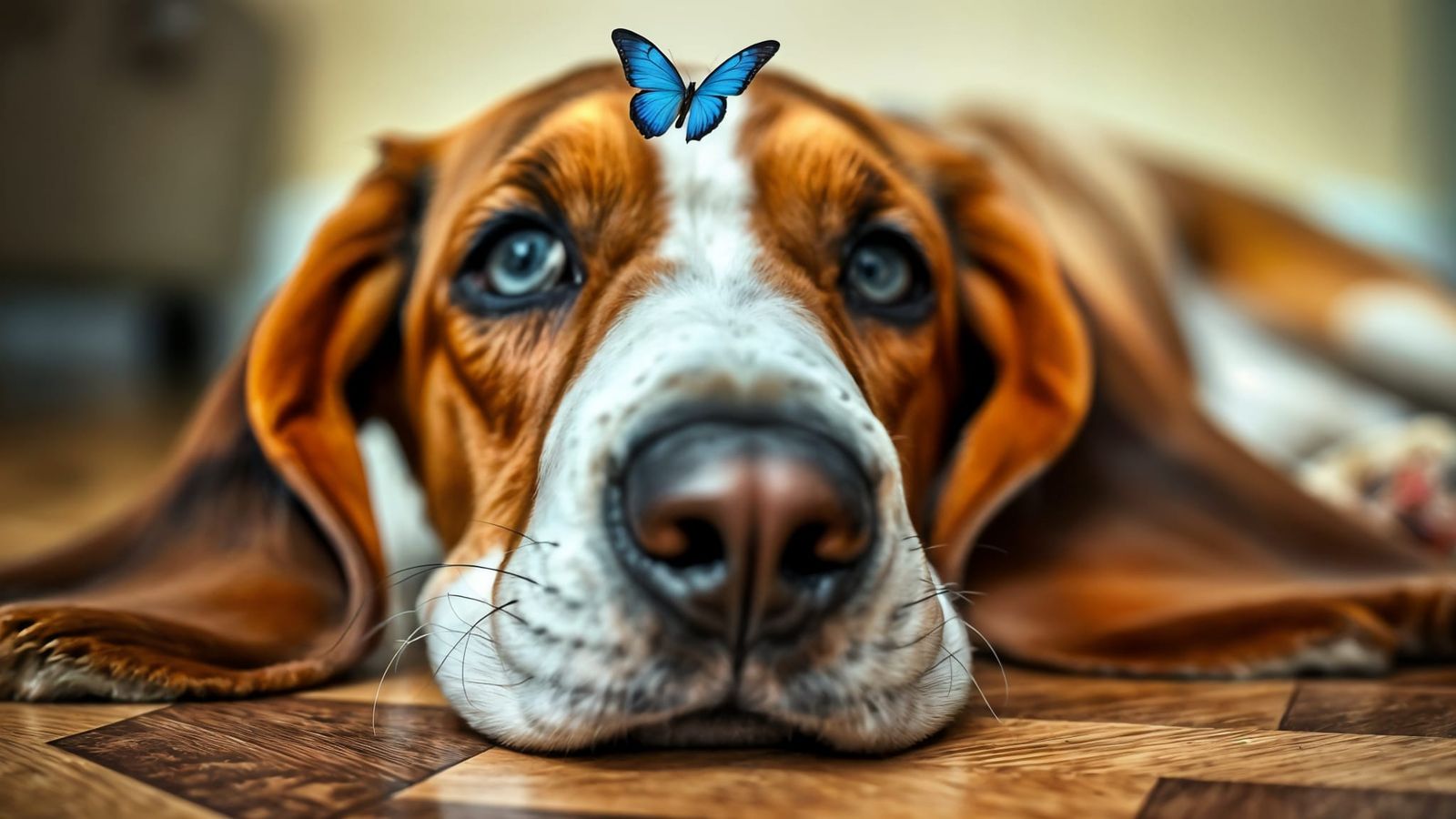 Basset Hound Gazes at Blue Butterfly in Bokeh