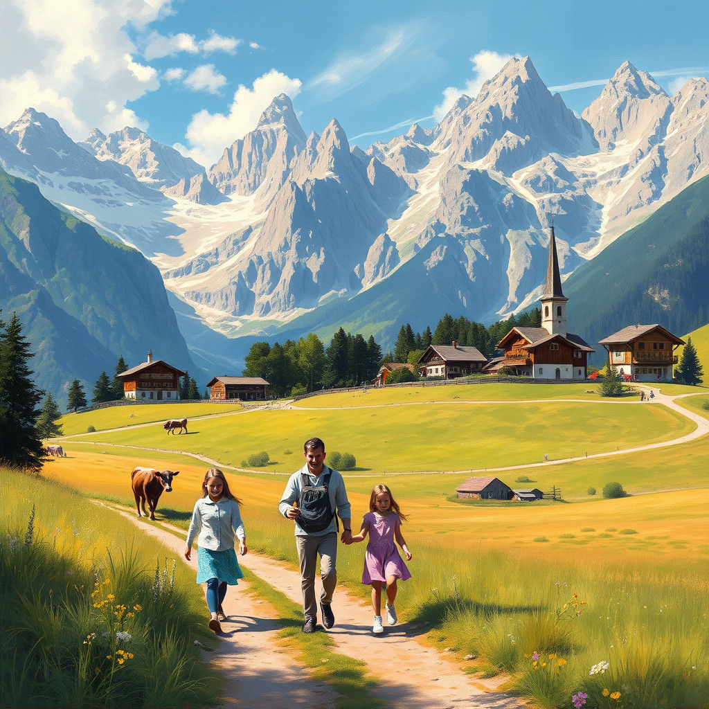 Family Stroll in the Alps: Gurney-esque Oil Painting