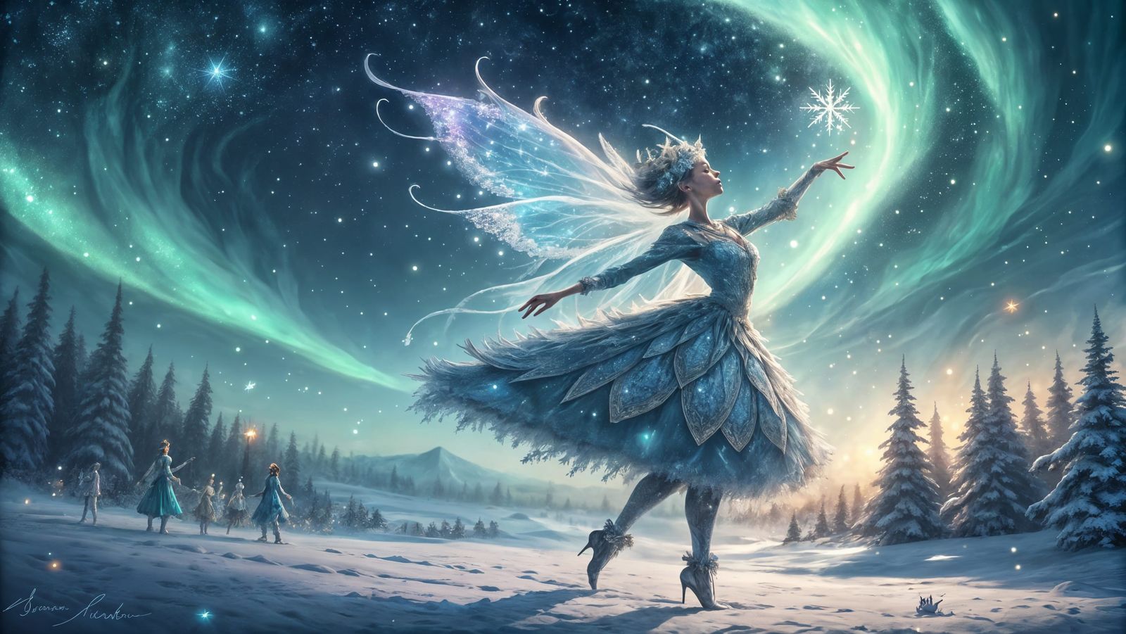 Fae Queen Dances under Vibrant Aurora Borealis