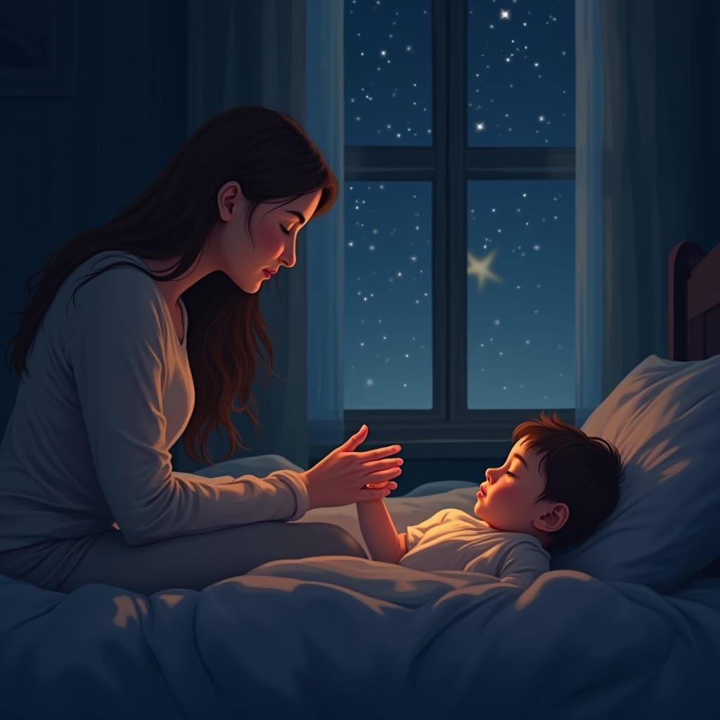 Mother's Gentle Nighttime Prayer in a Cinematic Atmosphere