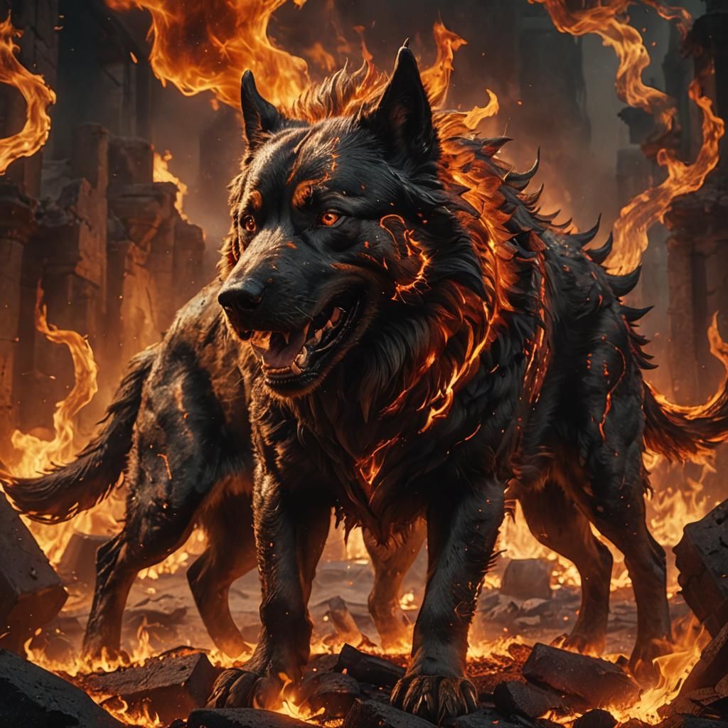 Fiery Hell Guardian Dog in Cinematic Lighting