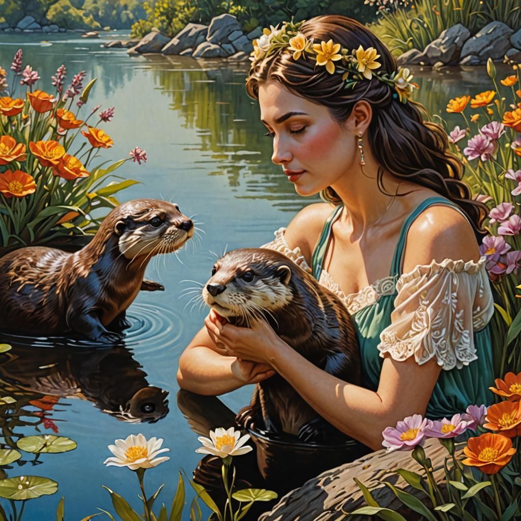 Woman and Otter at Lake, Oil Painting Style