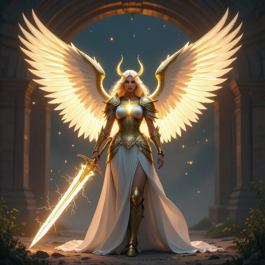 Golden Armored Angel with Sword at Heaven's Gate
