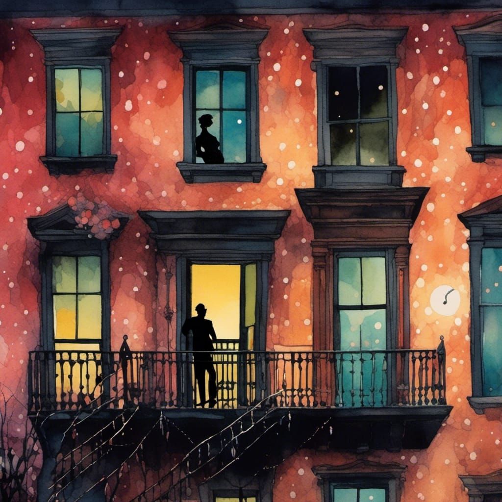 Saxophone Silhouette in Brooklyn Brownstone, Watercolor