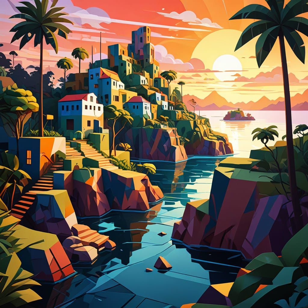Geometric Island Landscape at Dawn in Cubist Style