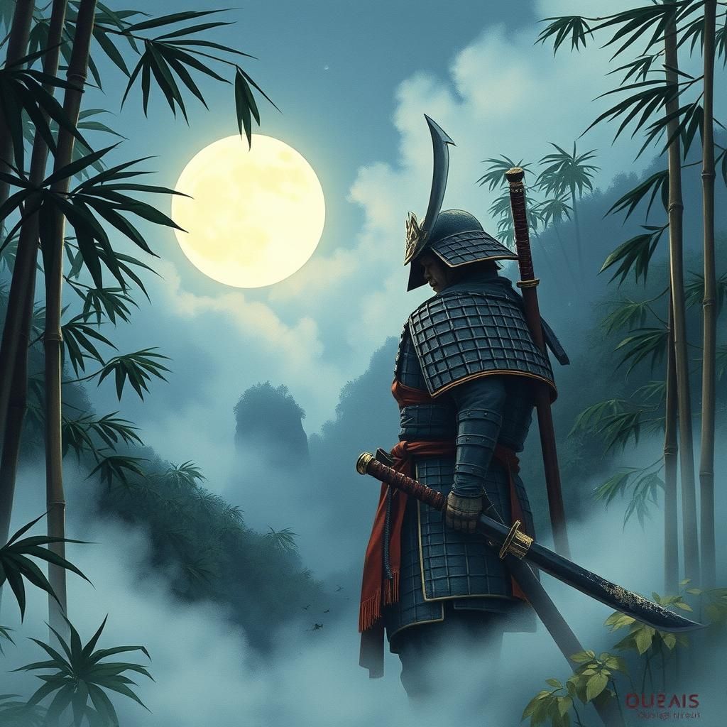 Samurai in Misty Rainforest Under Moonlight