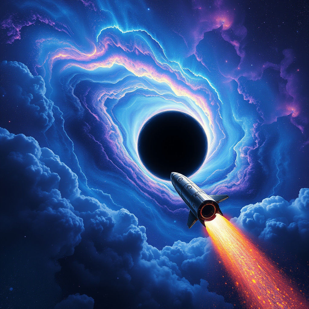 Galaxy and Black Hole with Rocket in Space