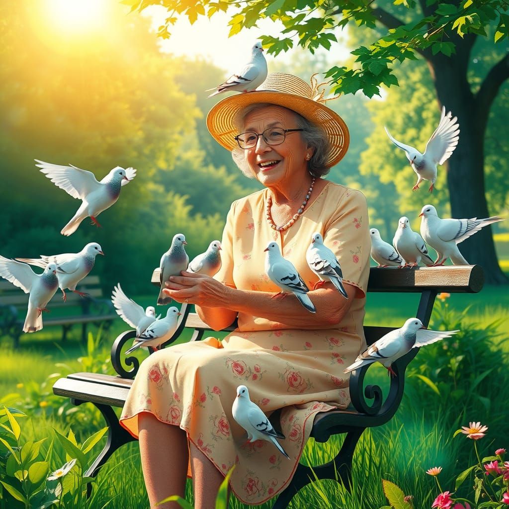Grandma Surrounded by Peaceful Doves in Impressionist Style