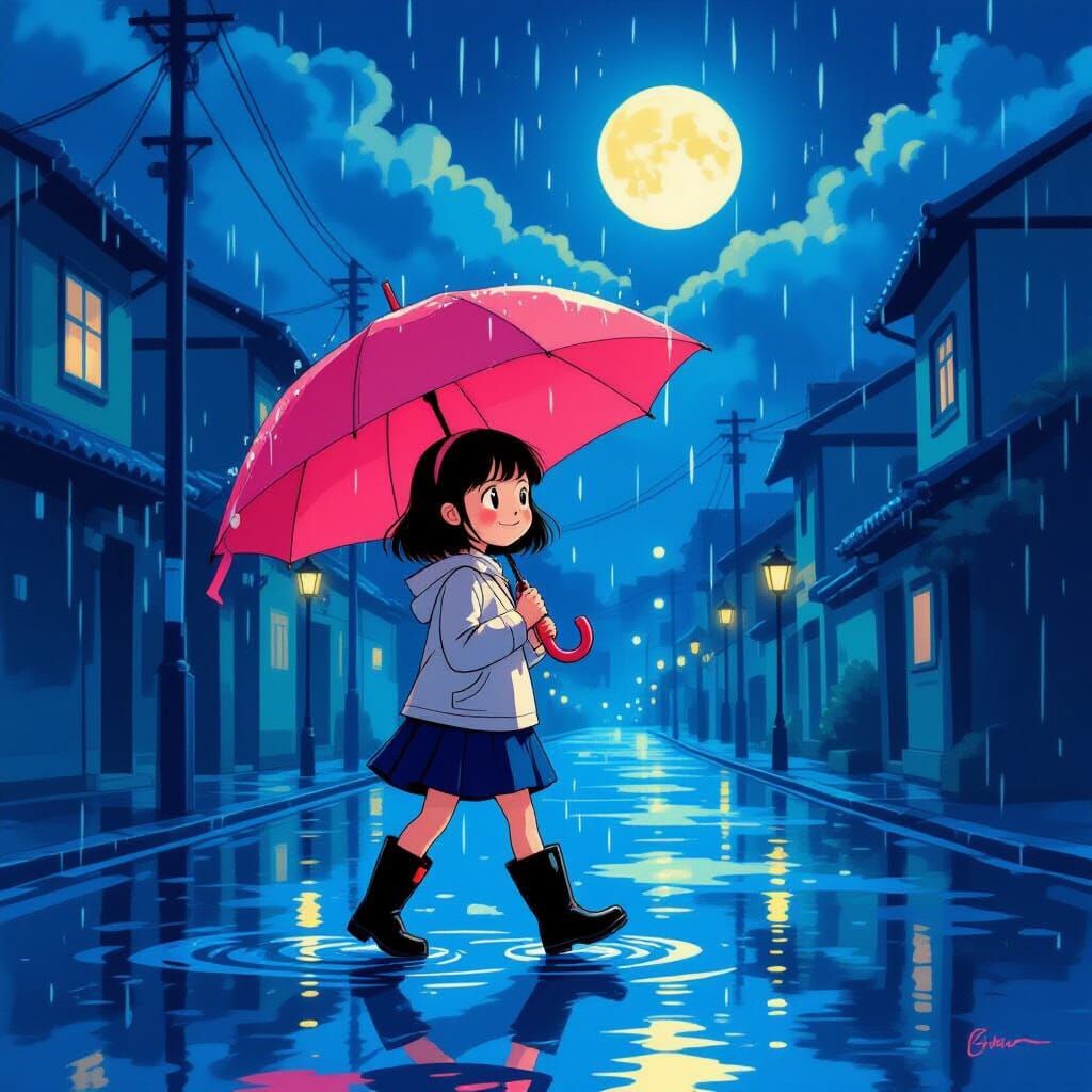 Girl with Pink Umbrella in Moonlit Rainy Night Street