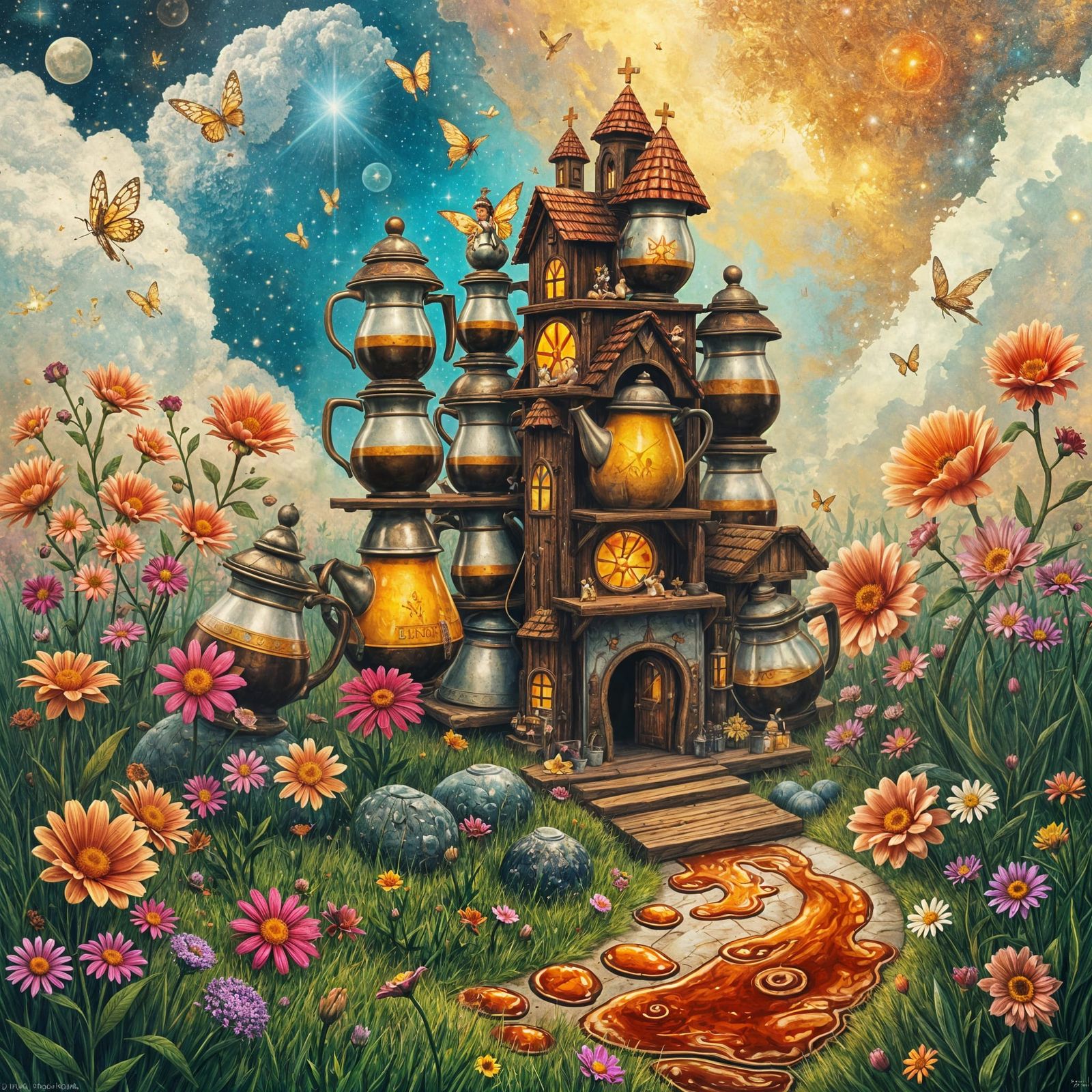 Whimsical Coffee Pot Village with Fairies, Digital Illustrat...