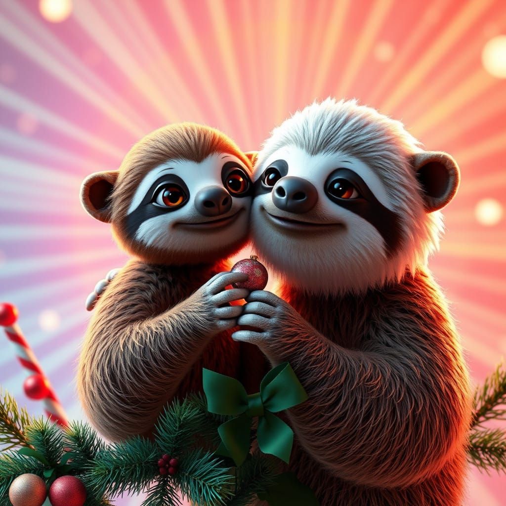 Christmas Sloth Duo in Vibrant Pixel Art Style