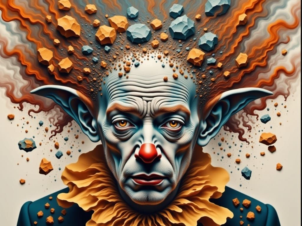 Surreal Clown Alien Portrait in Mixed Media