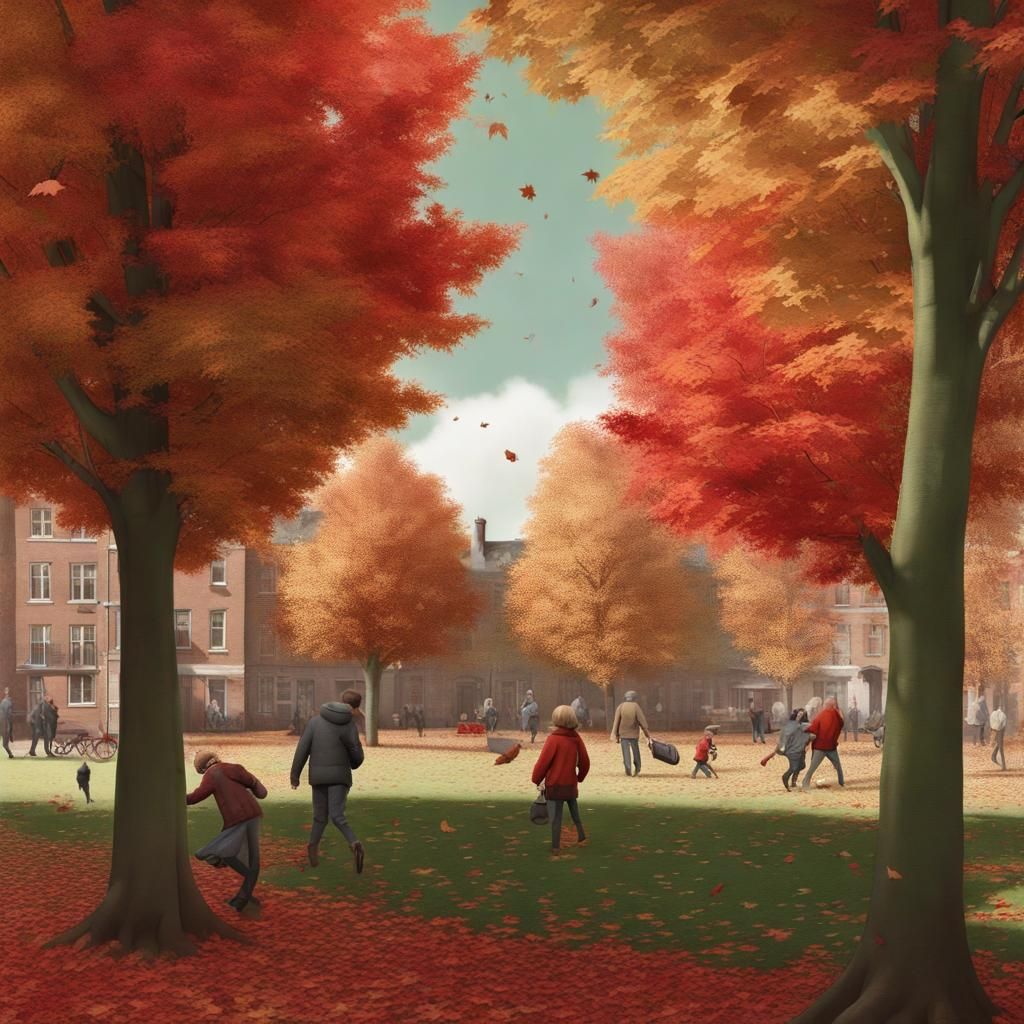 Realistic Autumn Day with People Playing in Leaves