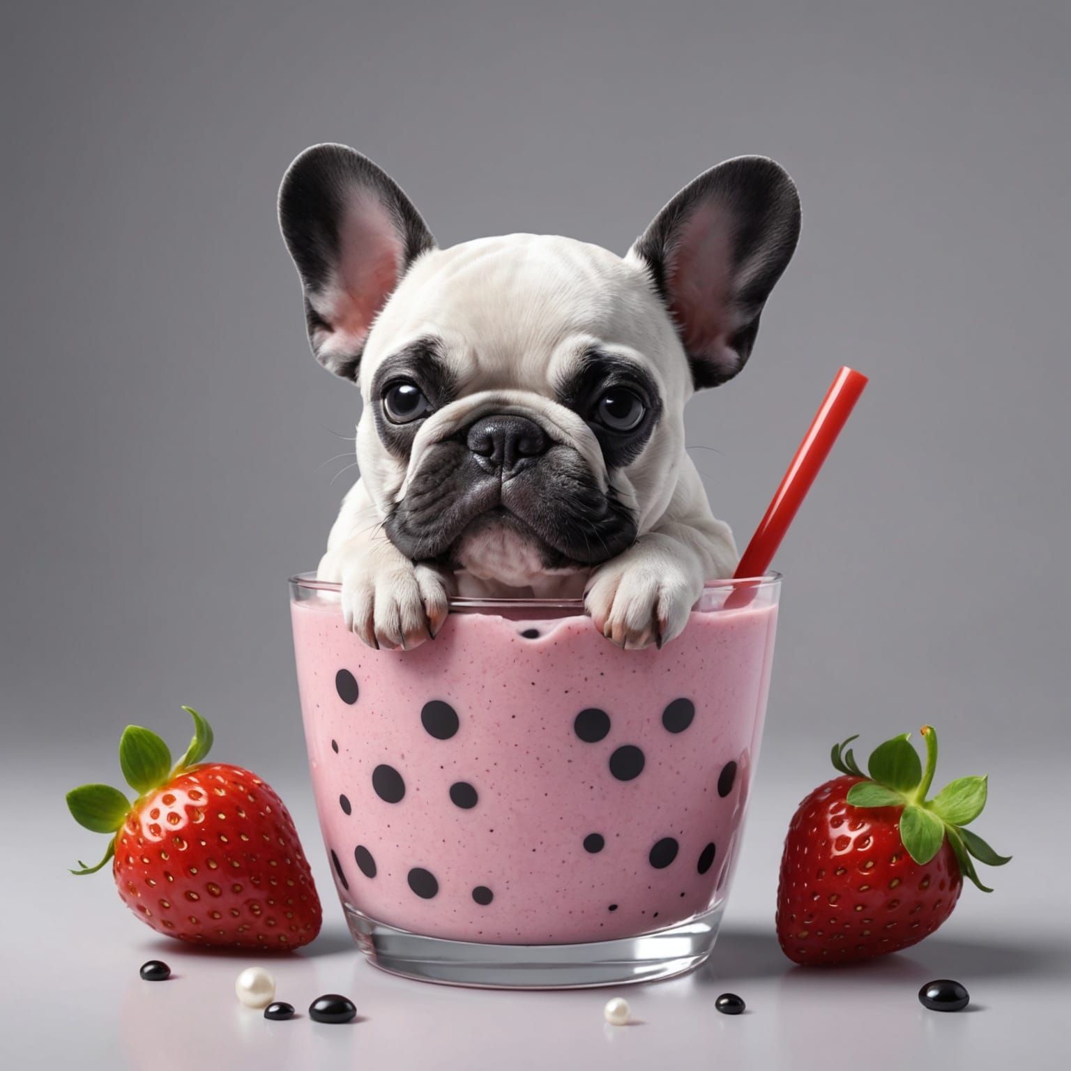Frenchie in a strawberry boba smoothie